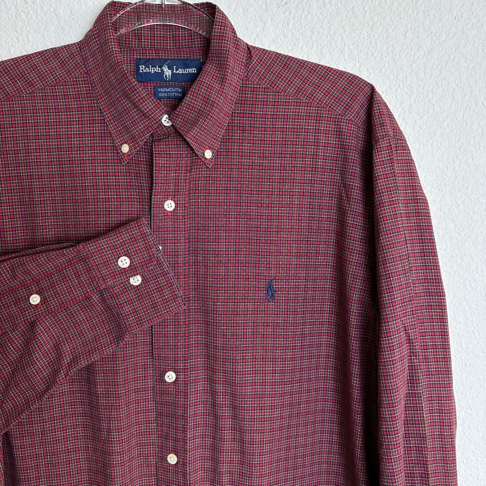 90s Ralph Lauren Yarmouth Mens 15 32/33 Red Plaid Pony Cotton‎ Button Down Shirt